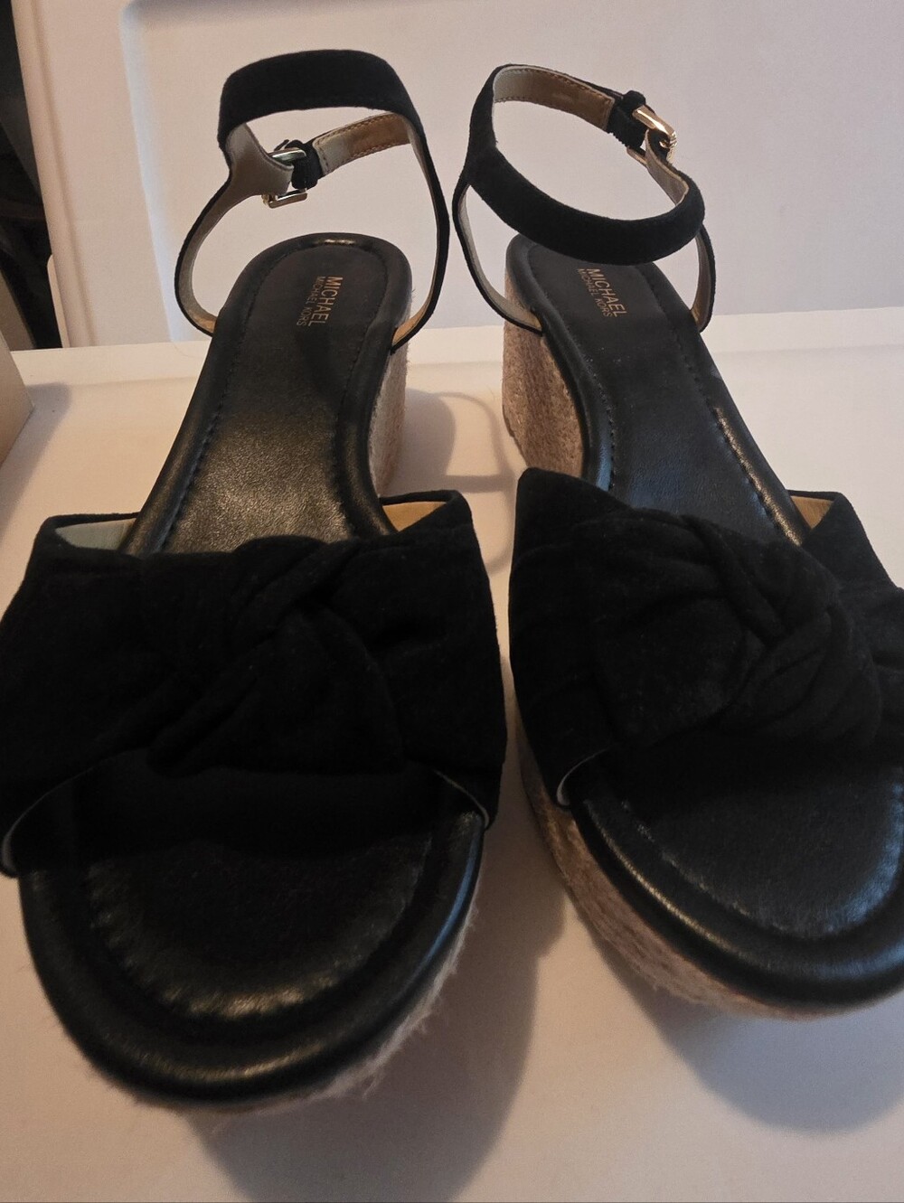 Women's NWT Michael Kors Black Suede Knot Front Espadrille Wedges